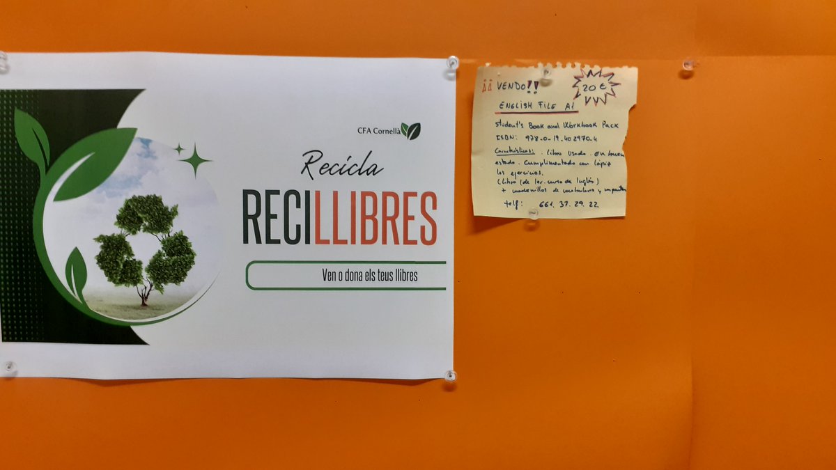 CfaCornella's tweet photo. Al @CfaCornella engeguem la iniciativa #ReciLlibres!! 😍Recicla els teus llibres tot venent-los, donant-los o intercanviant-los amb altres persones!📖 Fomentem la #lectura com a motor fonamental de la nostra proposta educativa! 🔥@se_bll5 @educaciocat @cultura_cat #Llegim #Pensem https://t.co/9KHP7443vQ