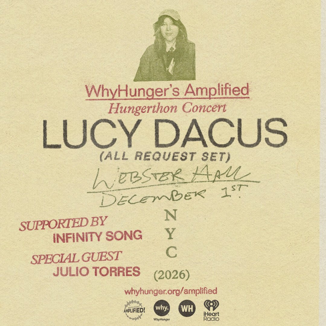 whyhunger's tweet photo. 🎶 Big news: WhyHunger’s Amplified concert will be headlined by @lucydacus with @Infinityssong &amp; special guest Julio Torres on 12/1 at @WebsterHall!

Our supporters get an exclusive presale on 10/6 at 10am ET. Sign up for our newsletter to get the code: https://t.co/wMVBYDBOUe https://t.co/2XHiIOYIpC