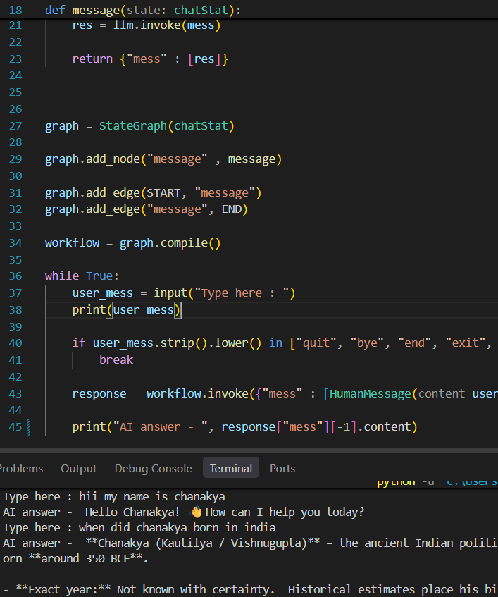 1500mcg's tweet photo. Made the inital version of the chatbot. Currently it has no any memory of its own, so can't remember previous chats. Adding the memory will be the next step
#GenAI #AI #LangGraph #Python #AIML https://t.co/JHBJeiTuJQ