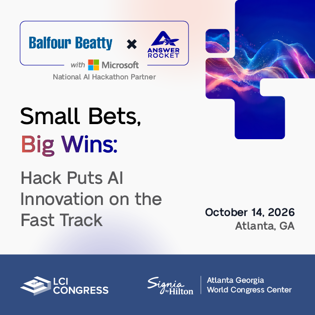 AnswerRocket's tweet photo. AnswerRocket, Balfour Beatty, and Microsoft teamed up on a national AI hackathon.

At LCI Congress in Atlanta, we're breaking down the framework it produced. Wed Oct 14, 1:00-1:45pm.

Register now: https://t.co/ddo10V9POb

#LCICongress #AIInnovation https://t.co/ESnmYYjkqF
