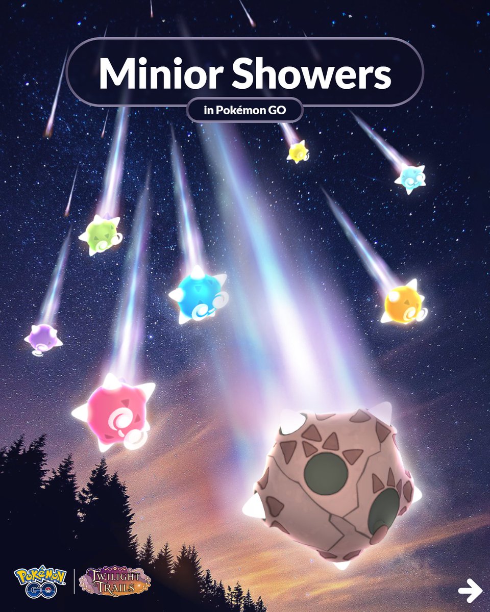 PokemonGoApp's tweet photo. Trainers, explore by starlight for a chance to encounter Minior!

🗓️🌠 Minior with different core colors will make their #PokemonGO debuts in the wild during certain meteor showers throughout the year!

👉 https://t.co/6u1qQiM7JX https://t.co/yyWN07IkJE