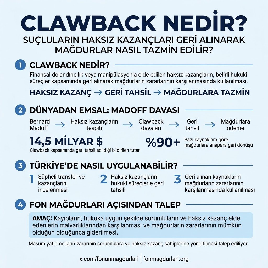 fonunmagdurlari's tweet photo. 💡 "CLAWBACK" NEDİR? SUÇLULARIN PARASIYLA MAĞDURLAR NASIL TAZMİN EDİLİR?

Fon krizinde sıkça duyduğumuz, Adalet Bakanlığı ve TMSF’nin uygulamaya koyduğu "Clawback" sistemini dünyadaki tarihi örneğiyle açıklıyoruz: 👇

📌 CLAWBACK NEDİR?Finansal dolandırıcılık veya manipülasyonla fonların içi boşaltıldığında; patlamadan hemen önce fiktif kârlarla veya içeriden bilgiyle (insider) sistemden çıkanların, yöneticilerin ve suç ortaklarının haksız kazançlarının mahkeme kararıyla ZORLA GERİ ALINMASIDIR.

📌 DÜNYADAKİ TARİHİ EMSAL: MADOFF DAVASI (ABD)Dünya tarihinin en büyük fon vurgununda (Bernard Madoff): • Vurgun patlamadan önce yüksek kâr alıp çıkan şüpheli hesaplara ve yöneticilere "Clawback Davaları" açıldı. • Kayyum (Irving Picard), kaçırılan ve haksız kazanılan tam 14.5 MİLYAR DOLARI kuruşu kuruşuna geri topladı! • Bu toplanan paralarla kurulan havuza aktarılarak, geride kalan masum mağdurların ANAPARALARININ %90'INDAN FAZLASI ÖDENDİ!

⚖️ TÜRKİYE'DE NASIL UYGULANMALI?
İstanbul Başsavcılığı ve TMSF tam olarak bunu yapmalıdır: 
1️⃣ Fon temerrüde düşmeden önceki son günlerde 21.8 Milyar TL'lik batık hisseleri fona yıkıp nakit kaçıran şebekeden, 
2️⃣ Tutuklanan patronların ve fon yöneticilerinin şahsi servetlerinden, Bu haksız paralar Clawback ile geri tahsil edilmeli, TMSF havuzuna aktarılarak mağdur vatandaşların anaparaları eksiksiz kapatılmalıdır!

Masum vatandaşın suçu yoktur; fatura parayı kaçıranlara kesilmelidir!

#AnaParamızıGeriVerin #FonMağdurları #Clawback #TMSF #SPK #AdaletBakanlığı #Borsa