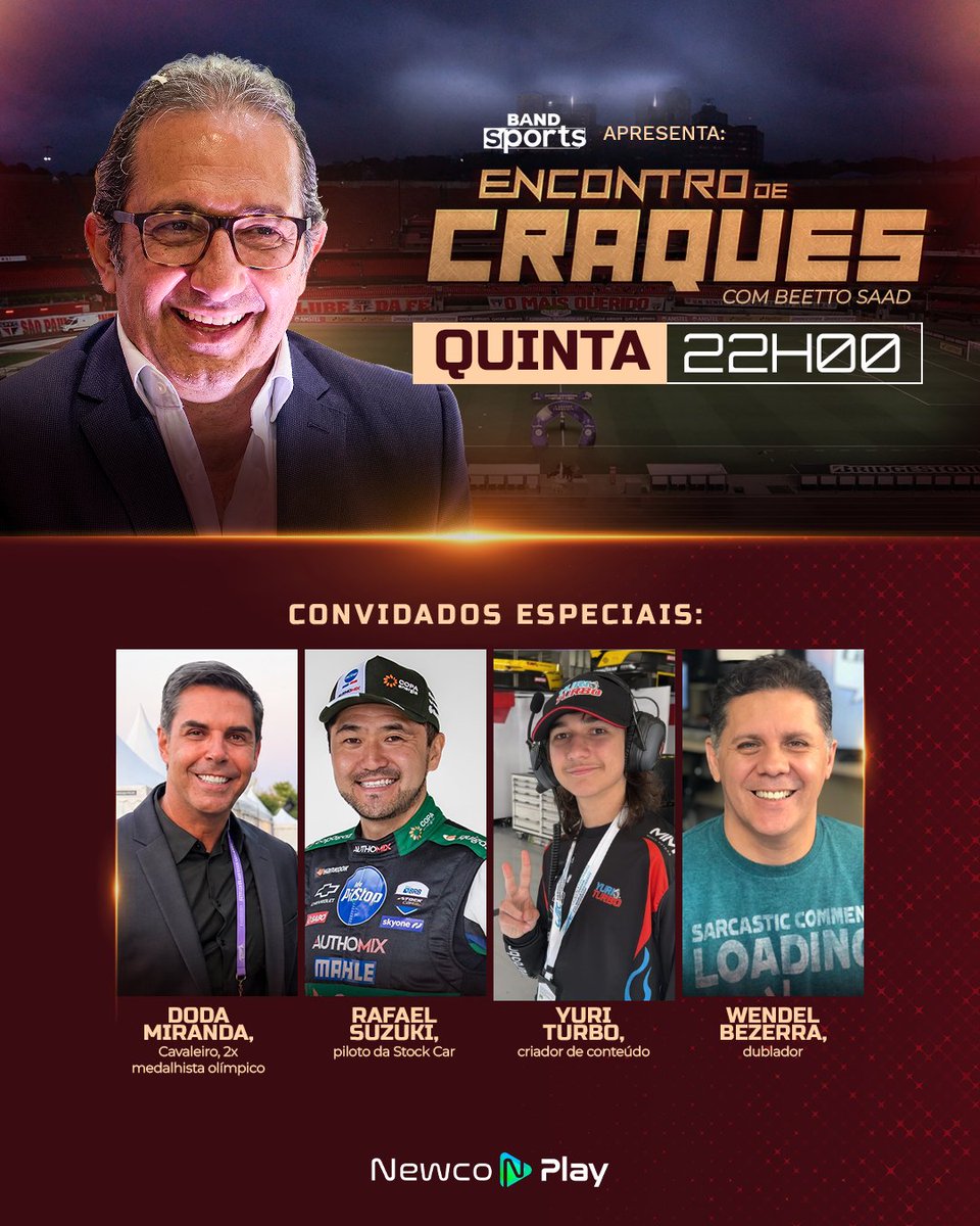 bandsports's tweet photo. ATENÇÃO MEU CRAQUE: HOJE TEM PARA TODOS OS GOSTOS 🏆 O #EncontrodeCraques está recheado de convidados e histórias especiais!

É nesta quinta-feira, a partir das 22h, no BandSports, no nosso YouTube e no Newco Play!

#BandSports #StockCar #Hipismo #BobEsponja https://t.co/KjRtgQpTDT