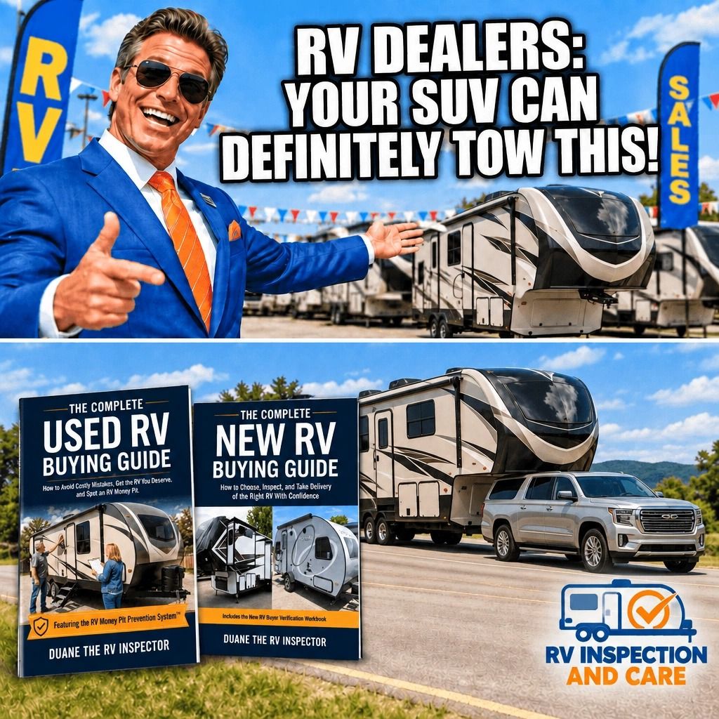 TheRVinspector's tweet photo. “Oh yeah, your family SUV will pull this 40-foot 5th wheel no problem!”

😂

We’ve all heard some wild sales pitches on the lot.

Sales guys want to sell trailers, but physics always wins out on the highway.

Don't let shiny fiberglass blind you to towing limits, payload ratings, or hidden water damage.

Grab our buying guides at the link in bio before you sign on the dotted line.

What’s the craziest thing an RV salesperson has ever told you?

#rvbuying #rvtips #rvlife #fifthwheel #gorving #rvtravel #rvlifestyle