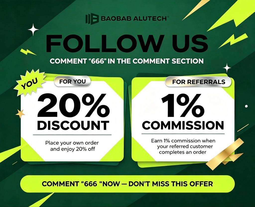 BaobabAlutech's tweet photo. Follow us and send your measurements for a quote of 20% discount and 1% commission and also enjoy free delivery if your location is within 20km.. yayyy🥳🥳🥳
#fabricators #architects #developers #homeowners https://t.co/Du4naYRhFz