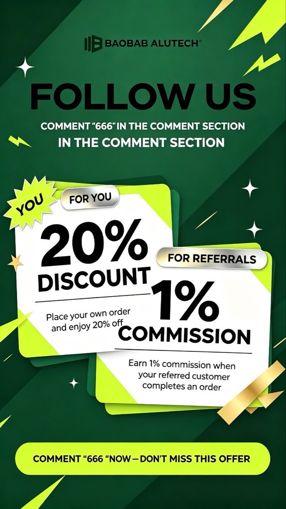 BaobabAlutech's tweet photo. Follow us and send your measurements for a quote of 20% discount and 1% commission and also enjoy free delivery if your location is within 20km.. yayyy🥳🥳🥳
#fabricators #architects #developers #homeowners https://t.co/Du4naYRhFz