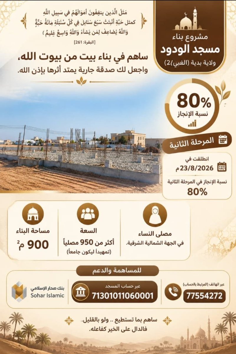 al_alree7's tweet photo. ✨ مشروع بناء مسجد الودود | ولاية بدية ( الغبّي )
ساهم في بناء بيت من بيوت الله، واجعل لك صدقة جارية يمتد أثرها بإذن الله 🕌🤍
📍 تفاصيل المشروع:
* مساحة الأرض: 5839.6 متر مربع،  *مساحة البناء 900م.
* السعة: يتسع لأكثر من 950 مصلياً (تمهيداً لتحويله مستقبلاً إلى جامع)
* الملحقات: منارة في الركن الشمالي الشرقي ومصلى للنساء. 
📌 المراحل المتبقية حتى الافتتاح:
1️⃣ أعمال الأساسات والهيكل الخرساني
2️⃣ بناء الجدران والقواطع
3️⃣ سقف المبنى والعزل
4️⃣ الأعمال الكهربائية والسباكة والتمديدات
5️⃣ أعمال التشطيبات الداخلي�� (البلاط، الدهان، الأراضيات)
6️⃣ أعمال الواجهات الخارجية والساحات والمواقف
7️⃣ تأثيث وتجهيز المسجد (السجاد، الصوتيات، الإنارة)
8️⃣ الفحص النهائي والافتتاح بإذن الله
💳 للمساهمة والدعم:
* بنك صحار الإسلامي: 71301011060001
* عبر الهاتف (المرتبط بالحساب): 77554272
«وَمَا تُنْفِقُوا مِنْ خَيْرٍ فَإِنَّ اللَّهَ بِهِ عَلِيمٌ» ✨