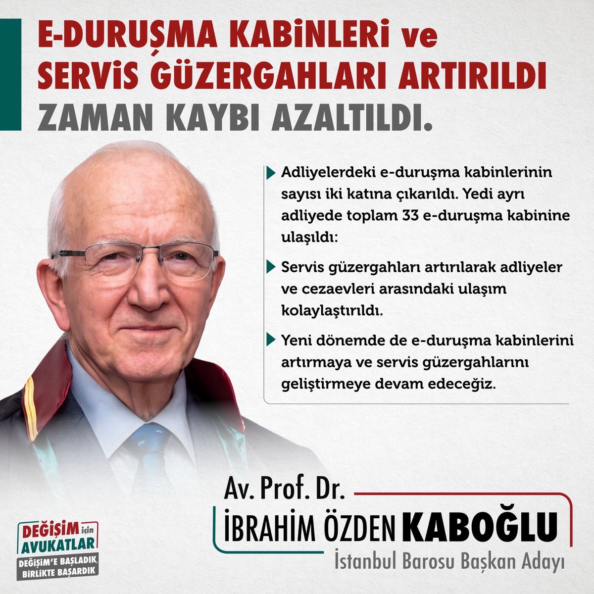 degisim_avukat's tweet photo. E-DURUŞMA KABİNLERİ VE SERVİS GÜZERGAHLARI ARTIRILDI, ZAMAN KAYBI AZALTILDI

🟥 Adliyelerdeki e-duruşma kabinlerinin sayısı iki katına çıkarıldı. Yedi ayrı adliyede toplam 33 e-duruşma kabinine ulaşıldı:

🟩 Servis güzergahları artırılarak adliyeler ve cezaevleri arasındaki ulaşım kolaylaştırıldı.

🟥 Yeni dönemde de e-duruşma kabinlerini artırmaya ve servis güzergahlarını geliştirmeye devam edeceğiz.

DEĞİŞIM’E BAŞLADIK, BİRLİKTE BAŞARDIK!
@ibrahimkaboglu