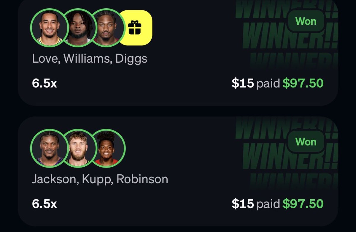 ArminBets's tweet photo. And Underdog printing twice in one day.

Love, Williams, Diggs 6.5x: $15 paid $97.50.
 Jackson, Kupp, Robinson 6.5x: $15 paid $97.50.

$2,600 in 4 months starting from $100. 

Long term, if you consistently pick above the breakeven threshold using the @OddsJam Fantasy Optimizer, you will be profitable.

Try it free for 7 days💰  Use code ARMIN for 35% off.
