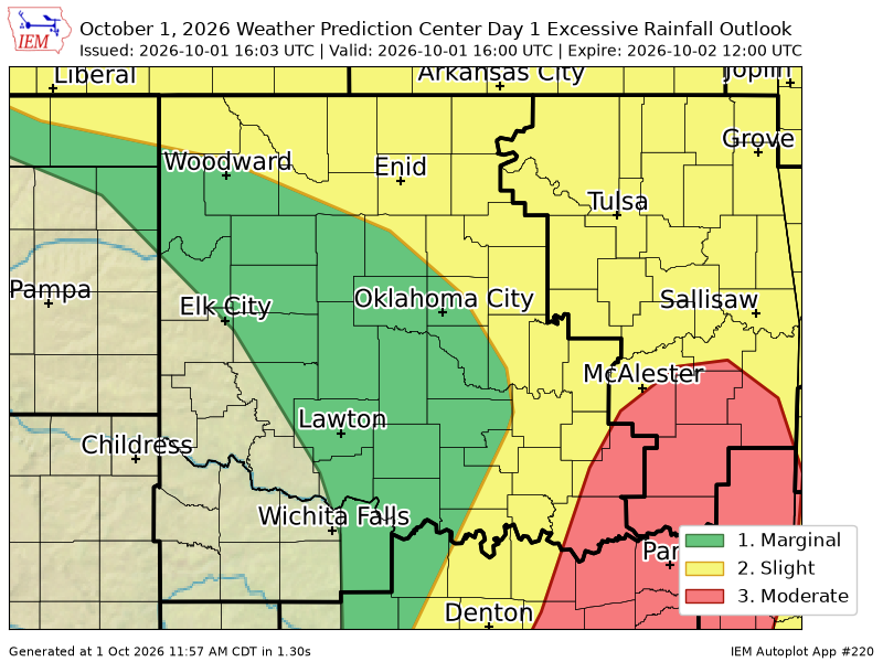 OUWEATHERBOT's tweet photo. WPC issues Day 1 Moderate Risk Excessive Rainfall Outlook at Oct 1, 16:03z for OUN https://t.co/XKqfAyOoXI https://t.co/1ikpqqf7U3