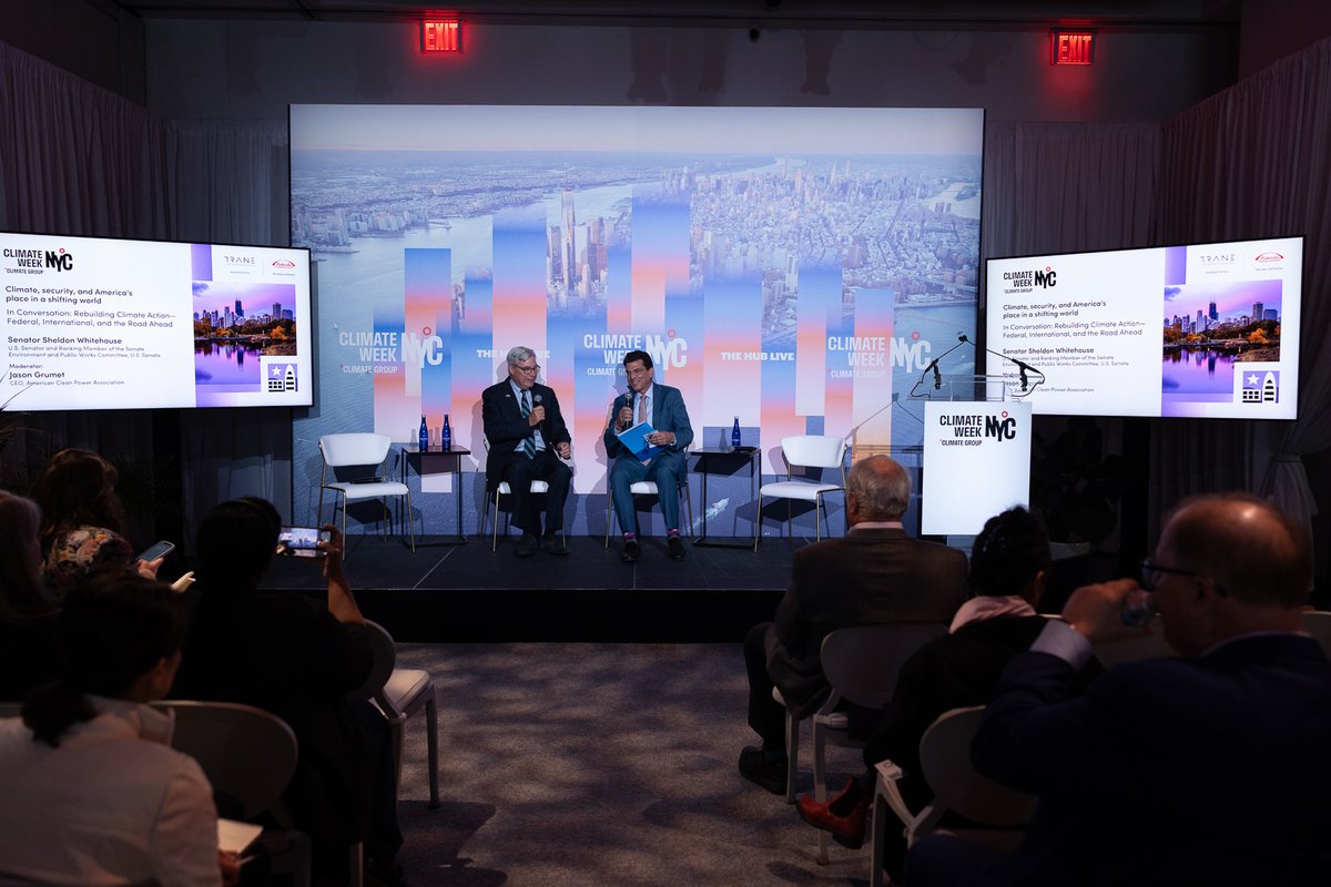USCleanPower's tweet photo. ICYMI: ACP Leadership Was Bringing the Energy to New York Climate Week

👉 ACP CEO @JasonGrumet was spotted around downtown Manhattan, making cameos at @ClimateGroup and @axios events, while ACP COO and President of @CPIWorkforce Kelly Veney Darnell gave young professionals practical insights for navigating careers in clean energy at @GreenJobsBoard's pavilion.

Thanks to everyone who joined us! See you next year 👋