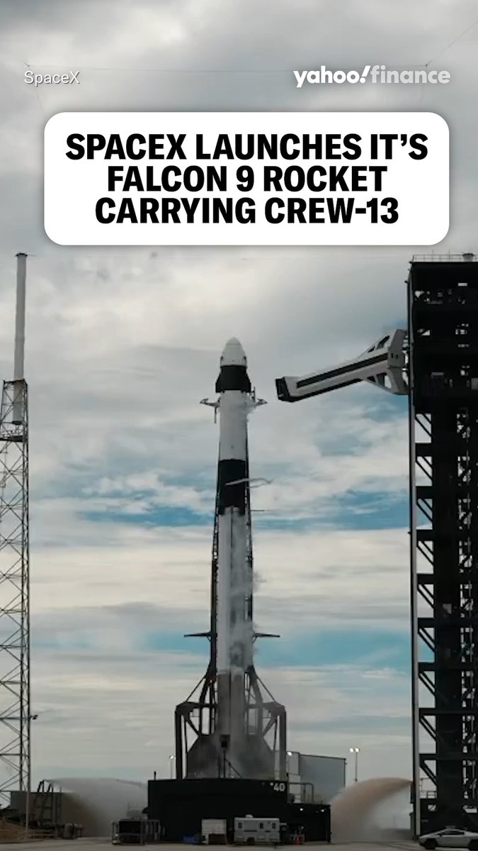 A SpaceX Falcon 9 rocket stands on the launch pad with its crew capsule atop, preparing to carry four astronauts of Crew-13 to the International Space Station for medical research on heart disease and Parkinson's. The Yahoo Finance graphic is overlaid with the headline "SPACEX LAUNCHES IT'S FALCON 9 ROCKET CARRYING CREW-13."