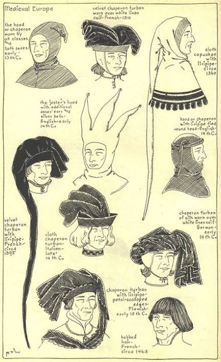 SerenityIwaniec's tweet photo. If he had to wear chaperone or style his hood as chaperone, he would rather do something facy/crazy with it.
(Third pic is my fave, looks like rooster's comb, perfectly bird-ish)
#medievalfashion #fancyhats https://t.co/4diqt2DgWQ