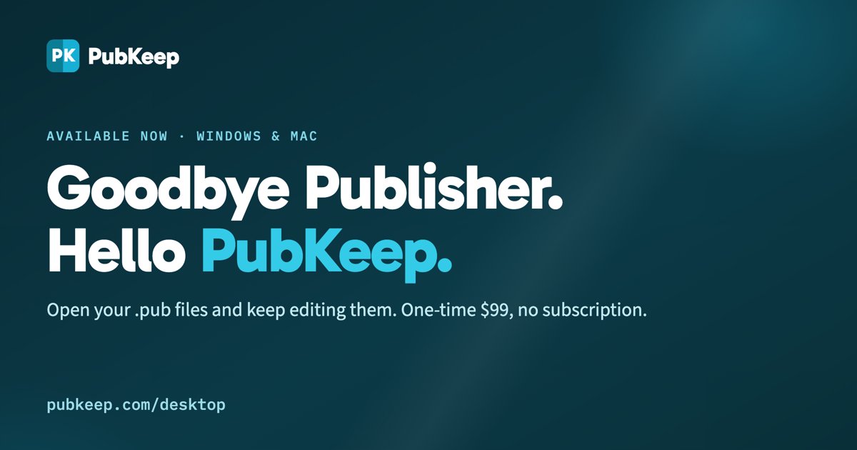 anderly's tweet photo. Today, Microsoft retired Publisher from Microsoft 365. Many parish offices build each week's bulletin from last week's .pub file, and now they can't open it.

We built @PubKeepApp so they can keep editing their .pub files and make next week's bulletin, program, song sheet or newsletter.

Over 600 churches joined our early access program to help us get it right.

@DallasCath, we'd love to help parishes keep editing.
 
https://t.co/yVV9pEM9sG