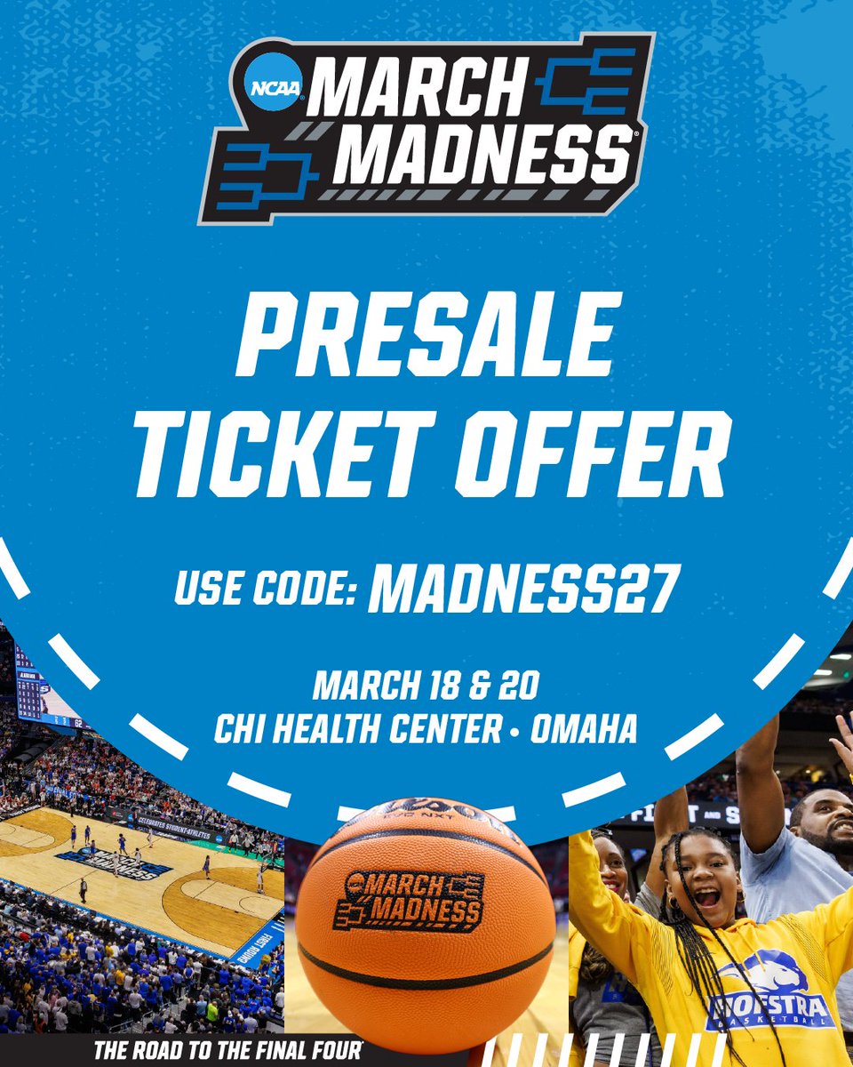BluejayMBB's tweet photo. Experience March Madness in Omaha! Don’t miss this presale opportunity to purchase tickets before the general public. Use promo code MADNESS27 to get your tickets TODAY. Presale ends October 2 at 11:59 PM ET

https://t.co/N43GOgAj0I

#GoJays https://t.co/Jvq84B7huS