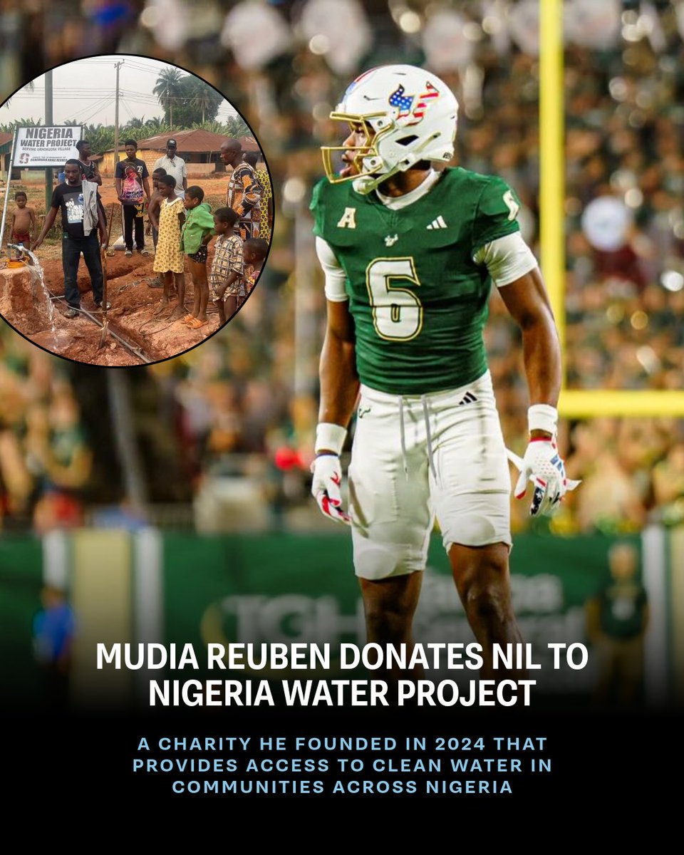 NCAA's tweet photo. More than football. 🏈

@USFFootball's @Mudia_Reuben is using his NIL earnings to build boreholes across Nigeria so that communities can have more access to clean water!

#NCAAFB x 🎥 Boundless Bulls https://t.co/ldXgME2WkD