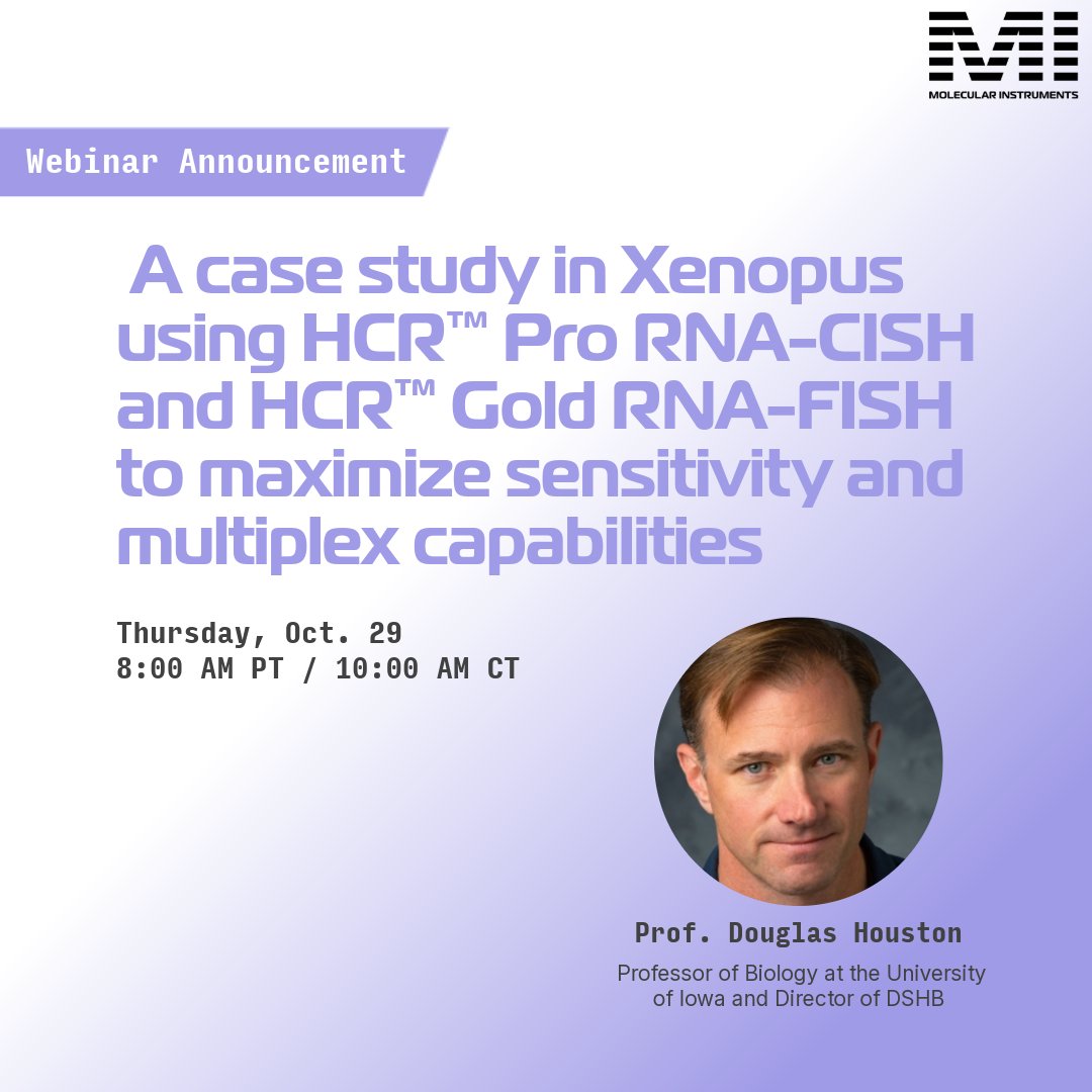 HCRimaging's tweet photo. Join us for an upcoming webinar with Professor Douglas Houston from the @uiowa!

Prof. Houston will share a Xenopus case study exploring how HCR™ Pro RNA-CISH and HCR™ Gold RNA-FISH can be used together to balance extreme-sensitivity RNA detection with multiplexed fluorescent analysis.

The webinar will cover ultra-sensitive chromogenic detection of low-abundance RNA targets in whole-mount embryos, along with approaches for RNA and protein co-detection.

🗓️ Thursday, October 29
🕗 8:00 AM PT / 10:00 AM CT

Register here: https://t.co/BjvWMGLQR5