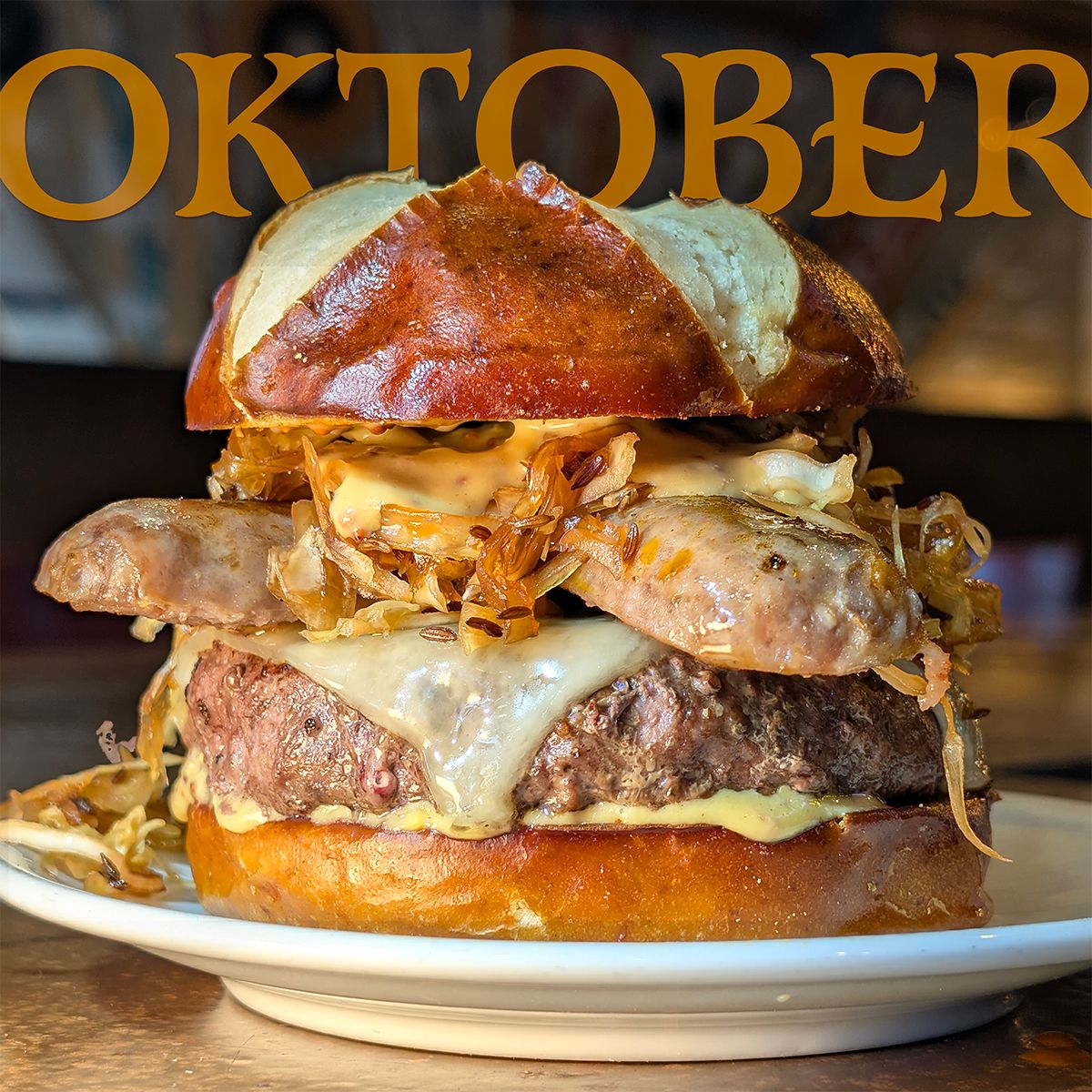 BurgerBarChi's tweet photo. Oktober means the best of Bavaria so it's time for our perennial favorite!

THE BRATWIRST STACKER
bratwurst-seasoned half-pound usda prime beef patty, grilled sheboygan bratwurst, swiss cheese, bavarian sauerkraut, 1837 red ale mustard, toasted pretzel bun https://t.co/GnousXfNBR