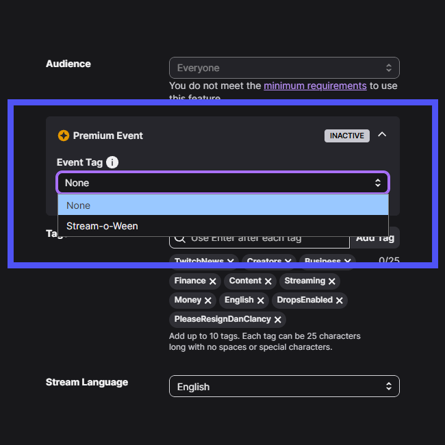 zachbussey's tweet photo. You can now add the "Stream-o-ween" event tag if you stream Horror Games, Just Chatting, IRL, Art, Music, DJs, Food &amp; Drink, or GRWM content.

Adding it may feature you on a discovery shelf on the homepage. https://t.co/o2p8y1H5U7