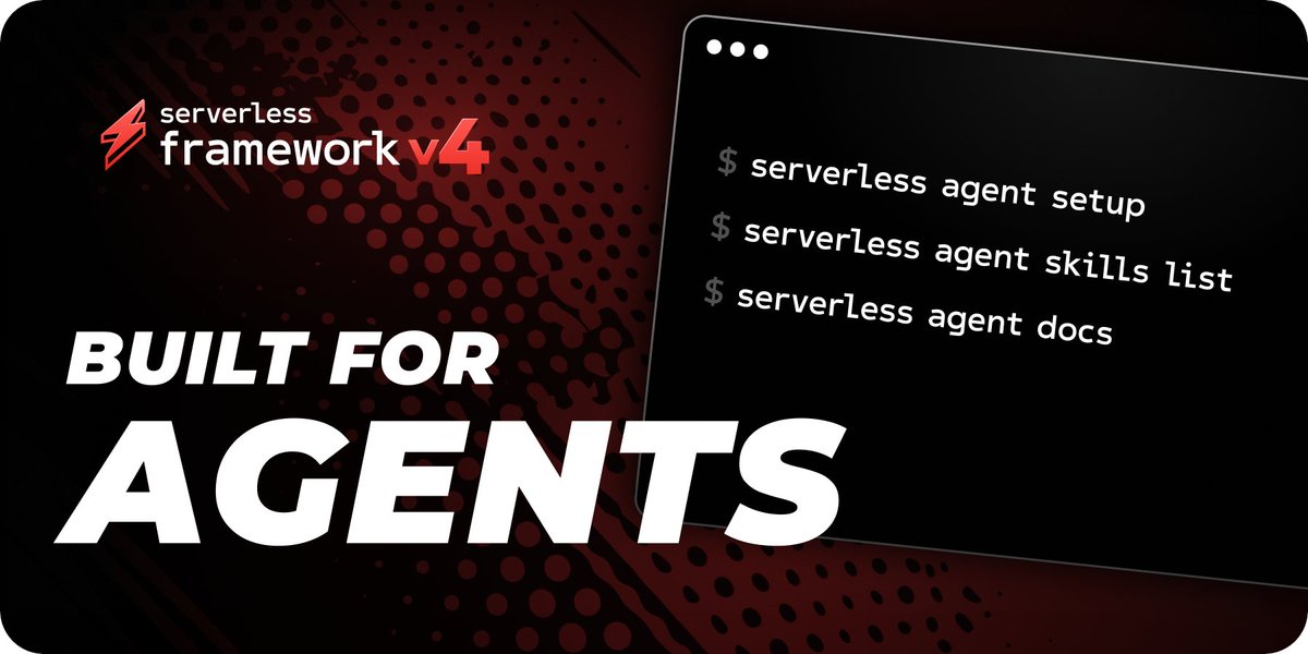 goserverless's tweet photo. Serverless Framework v4.43.0 is now even better for AI coding agents.

The big one: `serverless agent inspect` reads your deployed AWS infrastructure, logs, and more, and pulls back only the essentials.

Less context bloat. Fewer tokens. Faster.

`npx serverless agent setup` https://t.co/UEfR84UHTP