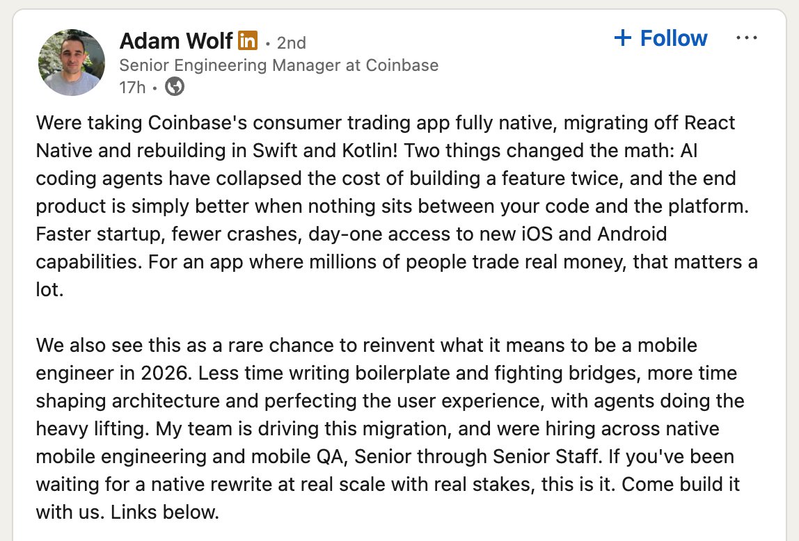 mustafa01ali's tweet photo. Coinbase is going native too. Judging by how many teams reached out after our native announcement, expect more of these soon. https://t.co/T9BqTyvnrK