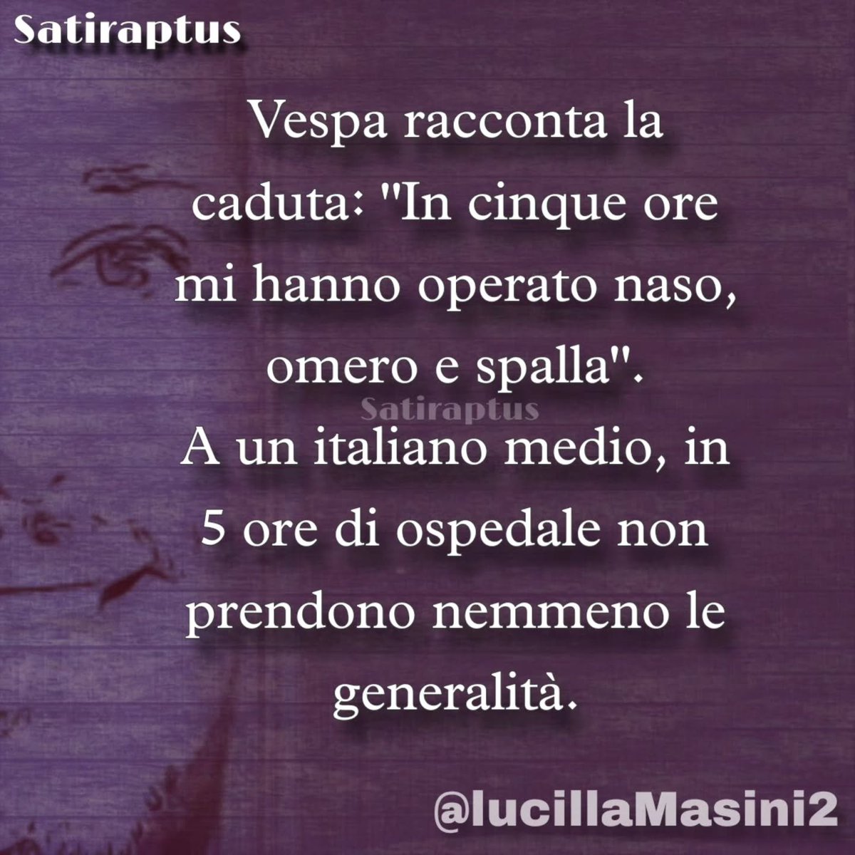 GiorgiaSalvagn1's tweet photo. cesare.di.trocchio
Bruno Vespa cade la mattina, viene operato d'urgenza in 5 ore al Gemelli a naso, omero e spalla, e la sera stessa è già in diretta TV a fare le solite domande concordate a Giorgia Meloni.
​Che si tratti di sanità privata, polizze d'oro o corsie VIP, la sostanza è sconfortante: per chi ha potere e visibilità il sistema sanitario si piega a ritmi record pur di non saltare lo spot serale in TV. Per i cittadini comuni che pagano le tasse e finiscono in un pronto soccorso pubblico, invece, 5 ore non bastano nemmeno per superare il triage e finire su una barella in corridoio.
​Una sanità da primo mondo per i salotti della politica, un'attesa infinita per tutto il resto d'Italia.

​Se i pronto soccorso italiani funzionassero per tutti con la velocità della corsia riservata a Vespa, saremmo il primo Paese al mondo per efficienza.
​Nemmeno tre fratture e un'operazione di 5 ore sono riuscite a fermare la messa in onda dello spot governativo.