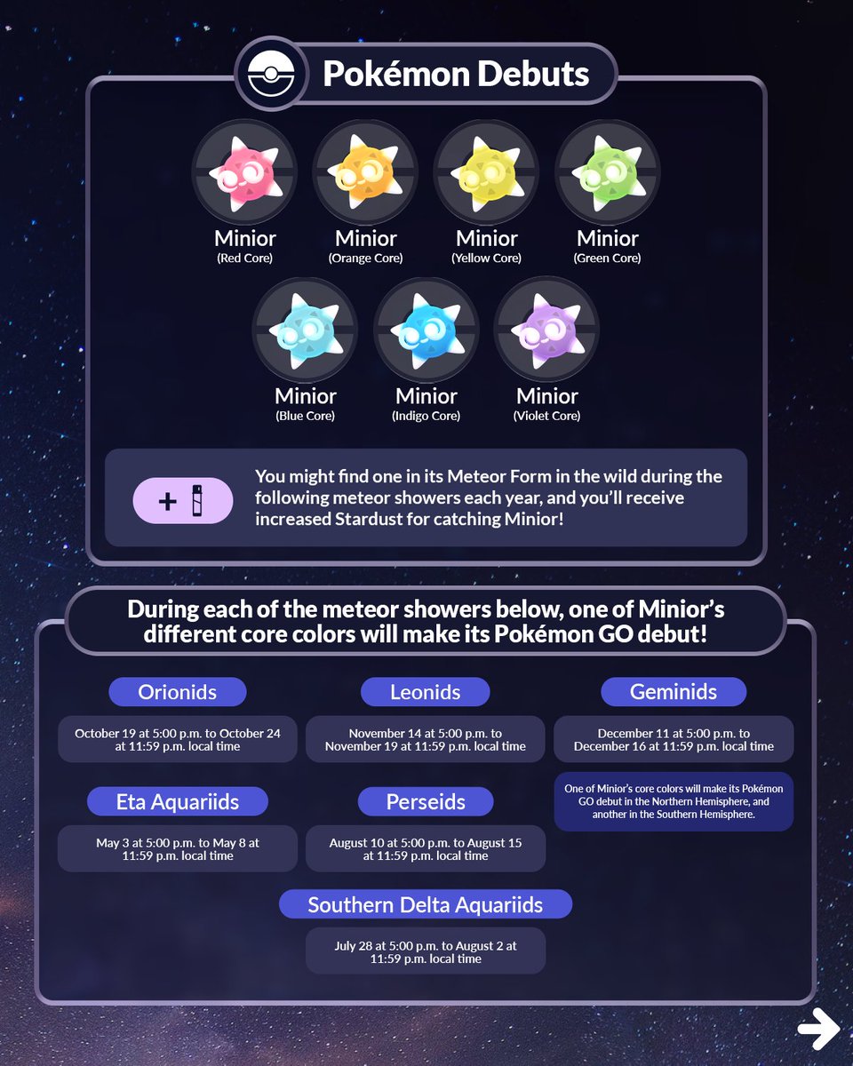 PokemonGoApp's tweet photo. Trainers, explore by starlight for a chance to encounter Minior!

🗓️🌠 Minior with different core colors will make their #PokemonGO debuts in the wild during certain meteor showers throughout the year!

👉 https://t.co/6u1qQiM7JX https://t.co/yyWN07IkJE