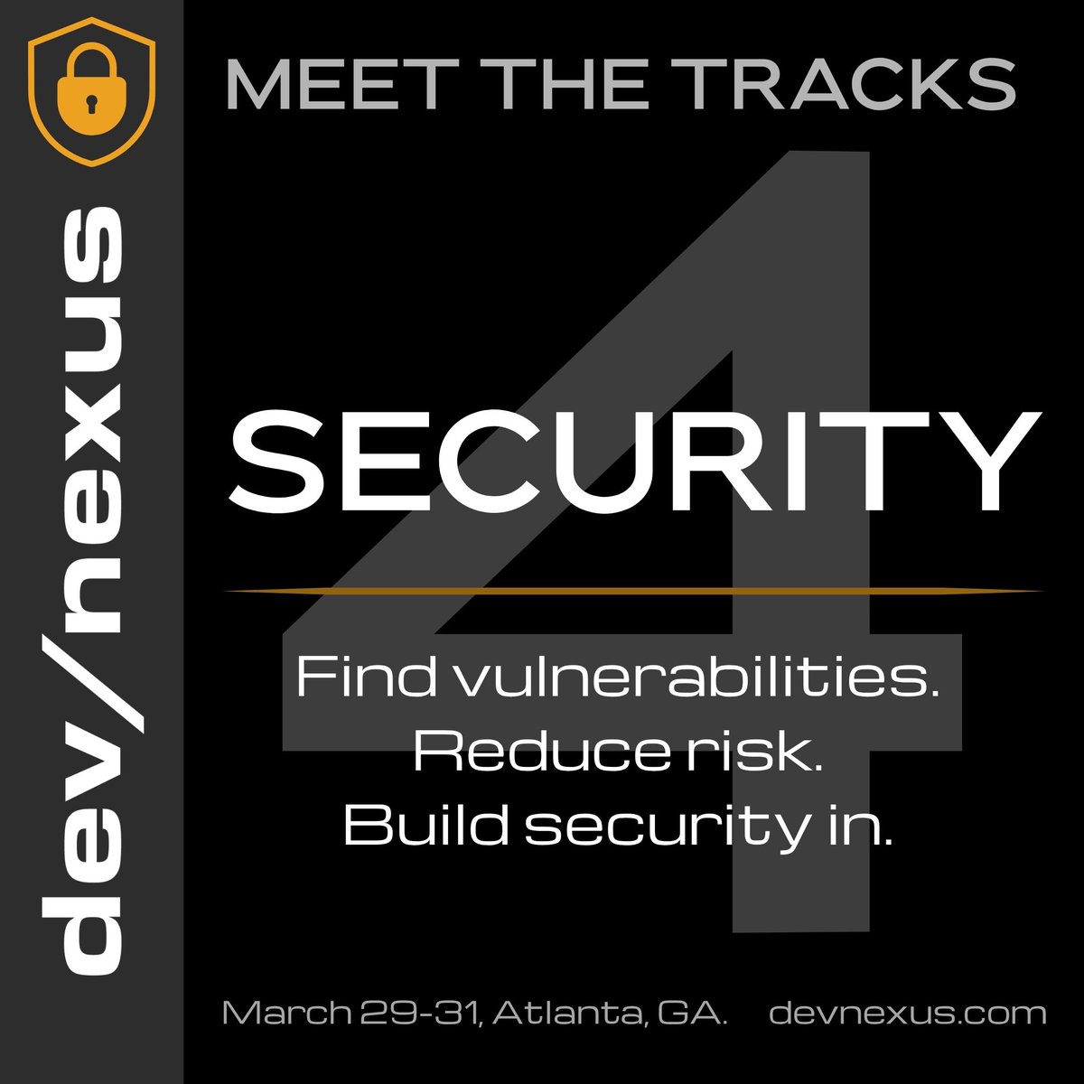 devnexus's tweet photo. Security has to keep up with the software we're building. 🔐

Next up in the #Devnexus2027 tracks: Security.

Secure coding, threat modeling, software supply chain security, identity and access management — plus the threats specific to AI applications and agents.

For developers and architects, the focus is practical: identify vulnerabilities, reduce risk and build security into the systems you design and operate.

Meet the tracks → https://t.co/kWjJe9I5mX

#Devnexus #Security #TechEvents #SecureCoding #AI
