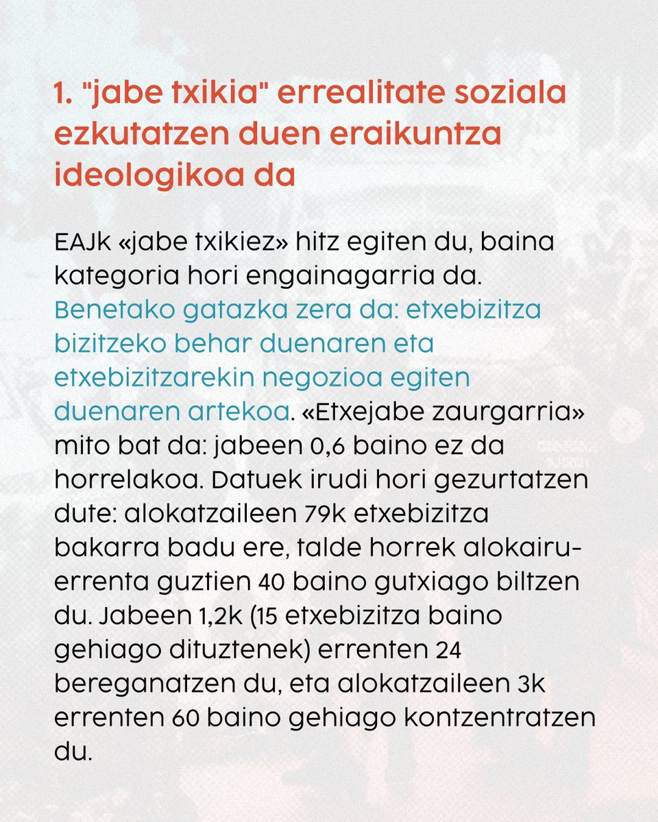 ehessarea's tweet photo. ‼️EAJk jakinarazi berri du etxebizitzari buruzko bigarren dekretuaren aurka bozkatuko duela.

Ondorioz, dekretua ez da aurrera aterako.  Hori guztia, "jabe txikiak" babesteko.

EHESSaretik, 5 gako emango ditugu mito hori deseraikitzeko eta EAJren diskurtso liberala agerian uzteko https://t.co/HaG6WXLPY2