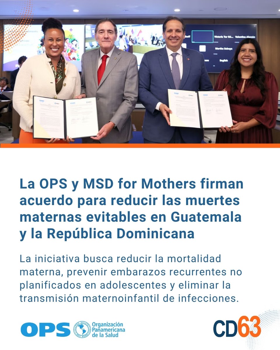 opsoms's tweet photo. 🤝 La OPS y MSD for Mothers han firmado un acuerdo para contribuir a reducir las muertes maternas prevenibles en Guatemala 🇬🇹 y la República Dominicana 🇩🇴 mediante el fortalecimiento de la salud de los adolescentes. 

🔗: https://t.co/hY9S1OkXGG

#CD63 https://t.co/w6ZQA0w6Zl