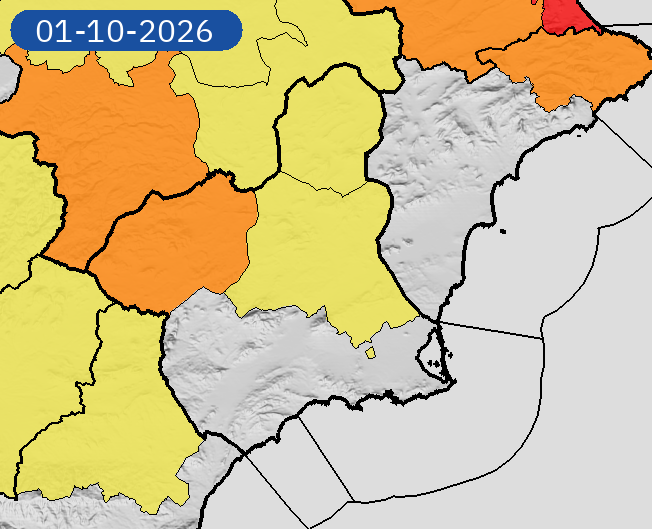AEMET_Murcia's tweet photo. 01/10 19:00 AVISOS HOY Y MAÑANA | Región de Murcia: tormentas y lluvias. Nivel máximo de aviso: naranja.
Actualizaciones en https://t.co/gQDupQ393c https://t.co/ELFCqrXbVH