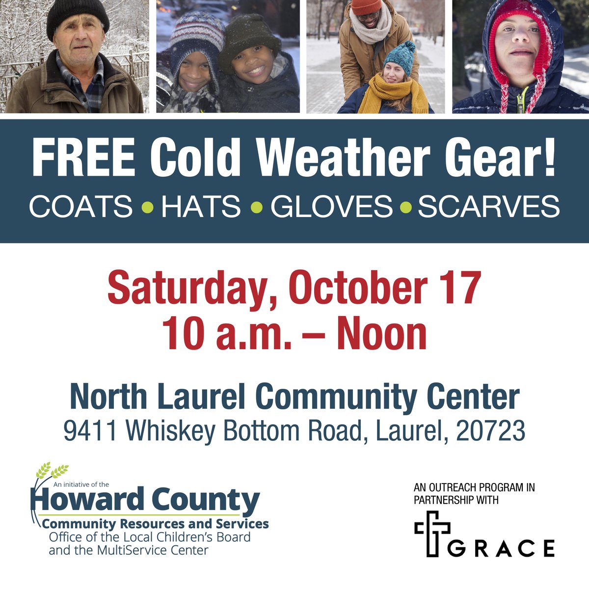 HoCoCommunity's tweet photo. Need cold-weather gear?
#HoCoLocalChildren and Grace Community Church are hosting a FREE Winter Coat & Gear Giveaway Oct. 17, 10a.m.–Noon at North Laurel Community Center.
You can also donate new or gently used gear through Oct. 13 at the MultiService Center, Mon.–Thurs. #HoCo https://t.co/SMCxTNrJ4H