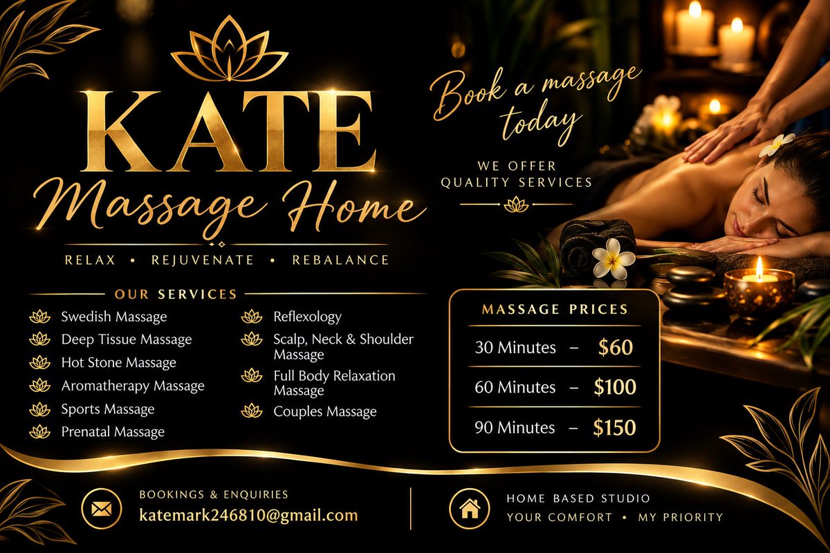 katemarkkate2's tweet photo. Book a massage today 💆‍♂️💆‍♀️
We offer quality services ✅ 

30 Minutes - ($60)
60 Minutes - ($100)
90 Minutes - ($150)

📩Bookings &amp; appointments :
Katemark246810@gmail.com
⏰ Opening hours: 9:30am - 7pm https://t.co/Gyub3NCON2