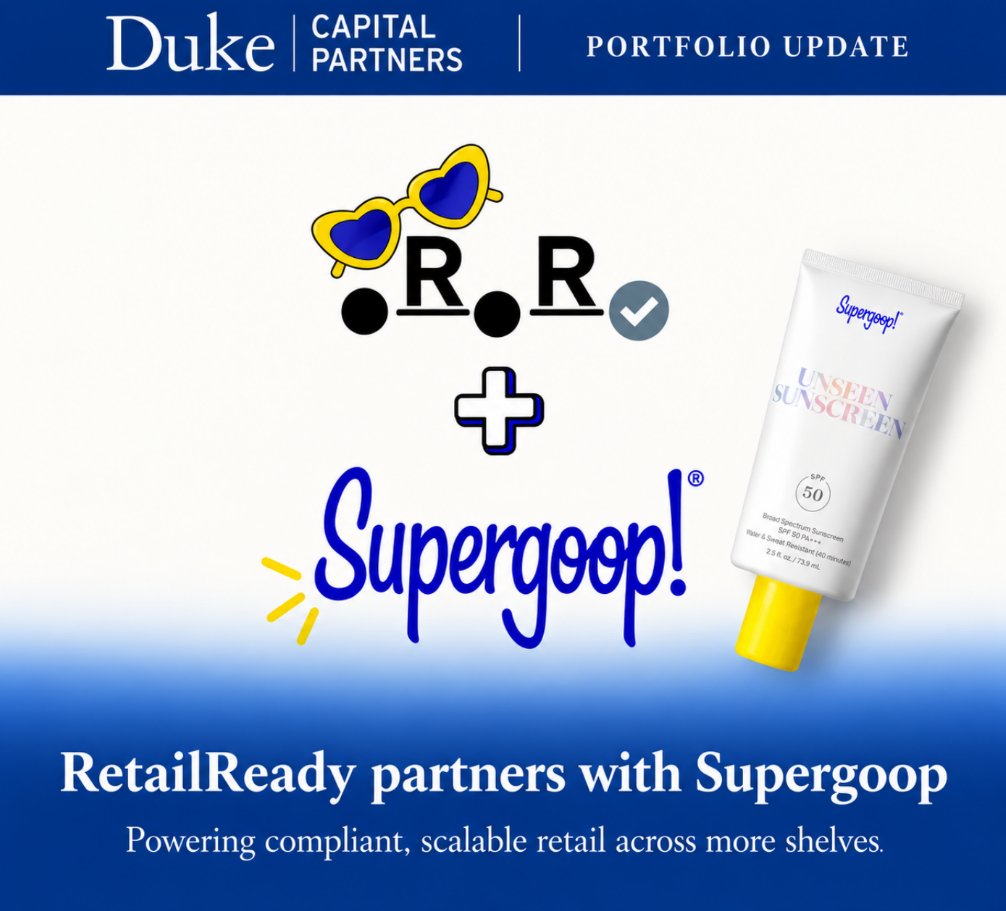 DukeCapPartners's tweet photo. 🕶️ Duke Capital Partners portfolio company Retail Ready is partnering with @Supergoop to help support the operational complexity that comes with scaling across major retail channels. Congratulations on the partnership! 💙 https://t.co/Io2Vk4z0UY