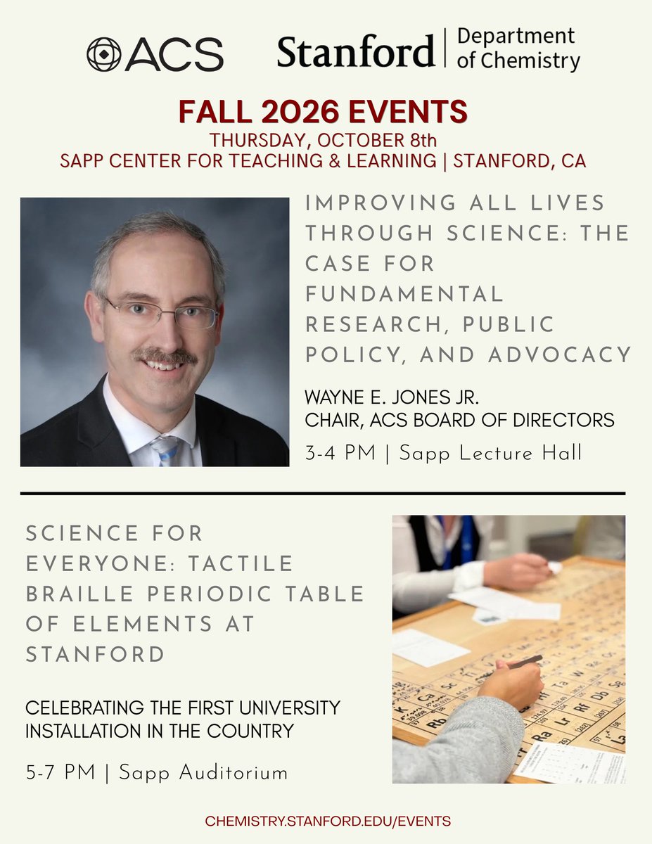 StanfordUChem's tweet photo. 🧪 Join Stanford Chemistry &amp; ACS Oct. 8 for two special events: explore fundamental research, public policy &amp; advocacy at 3 PM, then celebrate Stanford’s new Tactile Braille Periodic Table at 5 PM. Discover how chemistry can advance a more inclusive future! https://t.co/3HmzAd9BtY