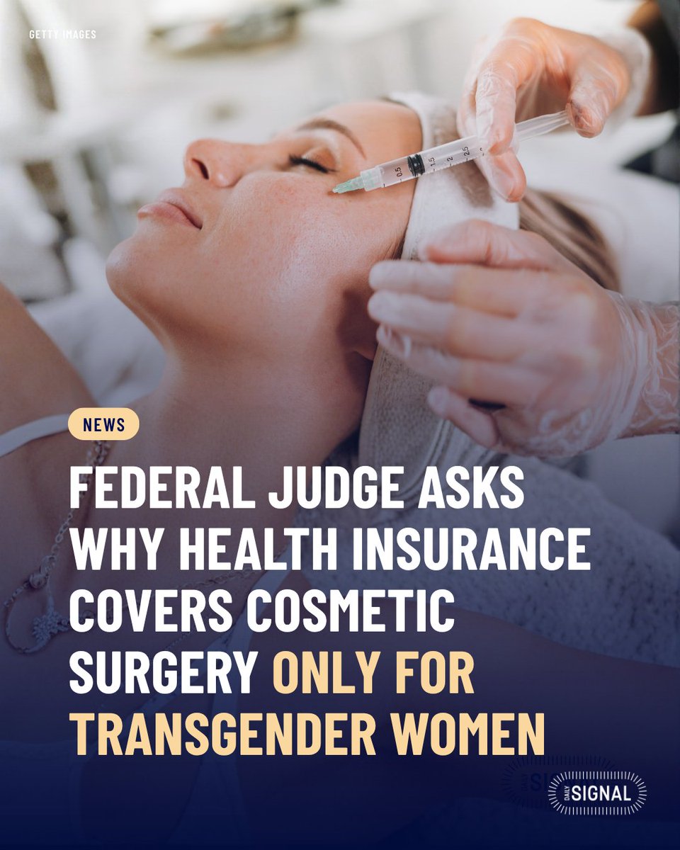 DailySignal's tweet photo. A federal judge asked a question at the heart of a major transgender-care legal battle.

If Aetna wouldn’t cover cosmetic facial surgery for a woman distressed about not looking feminine enough, why should it cover similar surgery for a transgender person?

The question came during arguments over whether Aetna’s policy is discriminatory, writes @Tyler2ONeil 

https://t.co/w5n0MN54U1