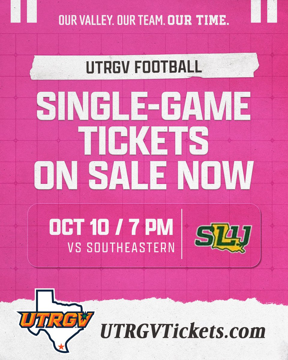UTRGVFootball's tweet photo. Single-game tickets for Saturday's Breast Cancer Awareness game are on sale now!

🆚 Southeastern
📅 Oct 10 | 7 PM
📍 Vackar Stadium
🎟️ https://t.co/xe7RcmABd0
💕 Breast Cancer Awareness Night presented by H-E-B

#UTRGV #RallyTheValley #WinToday✌️ https://t.co/nK5T0nlnac