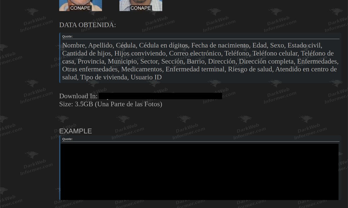 DarkWebInformer's tweet photo. 🚨🇩🇴 Dominican Republic Junta Central Electoral Data Allegedly Leaked

Data allegedly obtained from the Dominican Republic's Junta Central Electoral (JCE) has been shared on a forum.

The post attributes the activity to SoulhemTeam and zfo$ Leaks and claims an IDOR vulnerability was used to obtain access.

According to the actor, the exposed information includes names, national ID numbers, dates of birth, ages, gender, marital status, email addresses, phone numbers, physical addresses, and other personal information.

The listing also references potentially sensitive records including illnesses, medications, health risks, healthcare attendance, housing information, and family-related data. Samples of the purported records and identification photographs were included in the post.

The actor claims approximately 3.5 GB of photographs have been released and threatens to publish additional material, including Civil Registry data, if a negotiation is not reached.

These claims have not been independently verified.

💥 No delays. No guessing. No redactions. Get the intel threat actors see, the moment they post it. https://t.co/281Qjc6p2J
