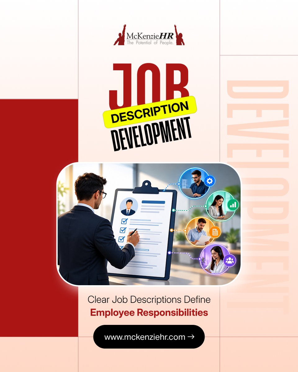 BobMcKenzie2's tweet photo. 📄 Does every employee clearly understand what their role requires?
A properly developed job description does more than describe a position. According to McKenzieHR, job descriptions can support recruitment, hiring, performance management, goal setting and promotions while also serving as an important resource when workplace issues arise.

McKenzieHR develops and implements job descriptions designed around your organization's needs, helping establish clearer expectations from the beginning.
Better-defined roles can provide a stronger foundation for hiring and managing your people.

📞 904-655-2120
🌐 https://t.co/48BBUPePlX

#JobDescriptions #HRManagement #Hiring #PerformanceManagement #HumanResources #HRConsulting #WorkplaceManagement #BusinessSupport #McKenzieHR