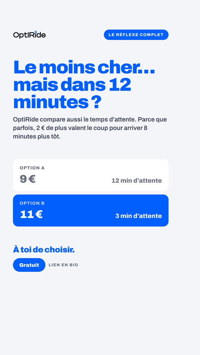 Optirideco's tweet photo. Chez OptiRide on vous laisse le choix dans la comparaison : le prix ou l'attente. Tu privilégies quoi ? https://t.co/u4Kw97MQT0