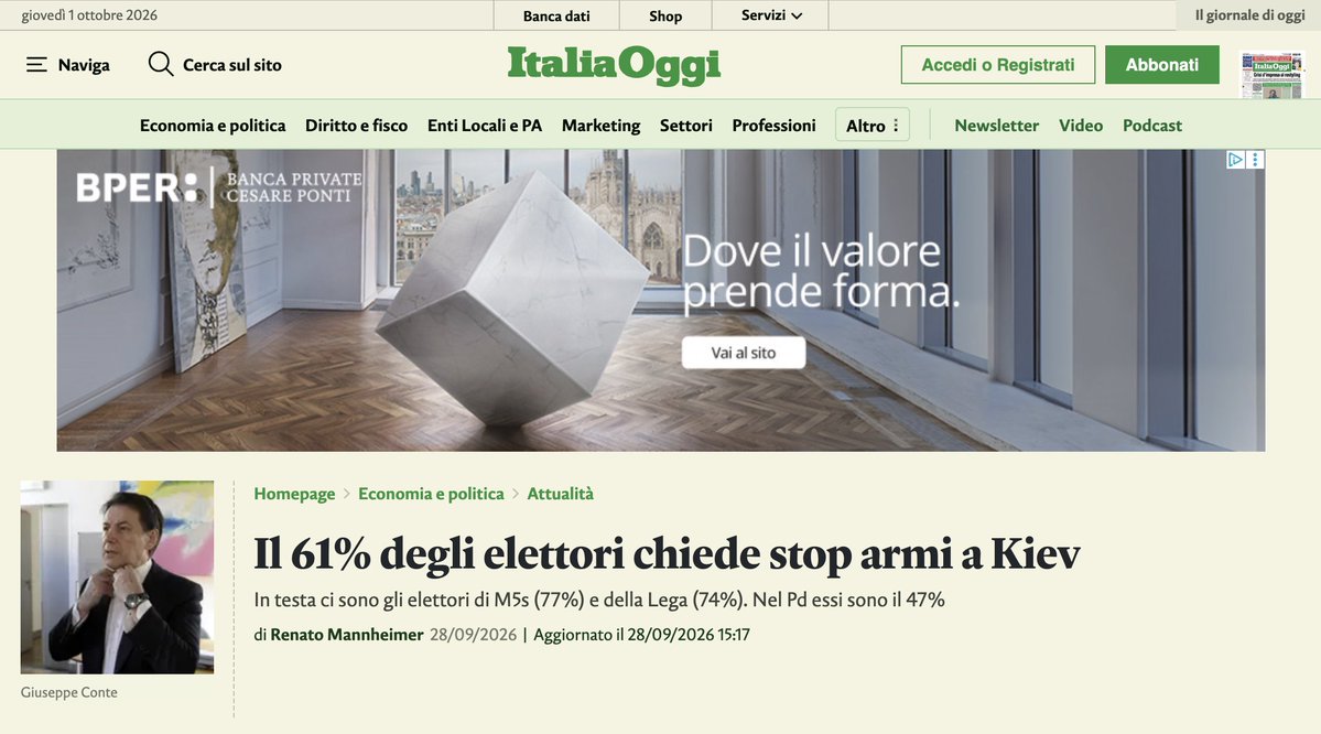 orsiniufficiale's tweet photo. Gli italiani non vogliono inviare altre armi a Zelensky. Caro Renato Mannheimer, vorrei farle una domanda, molto gentilmente e con grande rispetto. Nelle sue valutazioni, ha mai considerato che tanti italiani non vogliono più inviare armi all'Ucraina per una di queste sette ragioni, o magari tutte insieme?
1) All'inizio della guerra, gli italiani non erano informati. Dopo quattro anni di massacri, gli italiani hanno capito che la causa principale della guerra è l'espansione della Nato in Ucraina.
2) All'inizio della guerra, gli italiani non erano informati. Dopo quattro anni di guerra, gli italiani hanno capito che la Nato non ha mai cercato la pace con la Russia, bensì la guerra a oltranza per sconfiggerla sul campo di battaglia.
3) All'inizio della guerra, gli italiani non erano informati. Dopo quattro anni di guerra, gli italiani hanno capito che sono stati ingannati da Mario Draghi e da Giorgia Meloni, i quali avevano detto che l'invio delle armi per sconfiggere la Russia avrebbe avvicinato la pace e invece, come avevo previsto, ha sirianizzato la guerra.
4) All'inizio della guerra, gli italiani non erano informati. Dopo quattro anni di guerra, gli italiani hanno capito che la strategia della Nato di sconfiggere la Russia sul campo di battaglia ha creato un massacro spaventoso.
5) All'inizio della guerra, gli italiani non erano informati. Dopo quattro anni di guerra, gli italiani hanno capito che la strategia della Nato di sconfiggere la Russia sul campo di battaglia potrebbe condurre a una guerra nucleare.
6) All'inizio della guerra, gli italiani non erano informati. Dopo quattro anni di guerra, gli italiani hanno capito che l'Ucraina non può sconfiggere la Russia.
7) All'inizio della guerra, gli italiani non erano informati. Dopo quattro anni di guerra, gli italiani hanno capito che la guerra sta contribuendo ad affossare le nostre imprese, i nostri disoccupati e i ceti più deboli in cambio di un massacro senza fine, su cui Donald Tusk ha appena fornito dati spaventosi?
Caro Mannheimer, lei si dice "preoccupato" perché gli italiani non vogliono più inviare armi a Zelensky. Le sembra sociologicamente rilevante la preoccupazione degli italiani che temono che il tentativo di sconfiggere la Russia, bombardando il suo territorio, possa condurre allo scoppio della terza guerra mondiale contro una superpotenza nucleare?

P. S. L'8 ottobre terrò una lectio magistralis sull'espansione della Nato verso la Russia presso il Dipartimento di scienze politiche dell'Università di Pisa, ore 09:30, Aula Magna, Via Filippo Serafini 3.

Il 17 ottobre presenterò con Luca Sommi il mio nuovo libro alla Feltrinelli di Roma, Largo Agrentina:
https://t.co/b18rCMfWsh