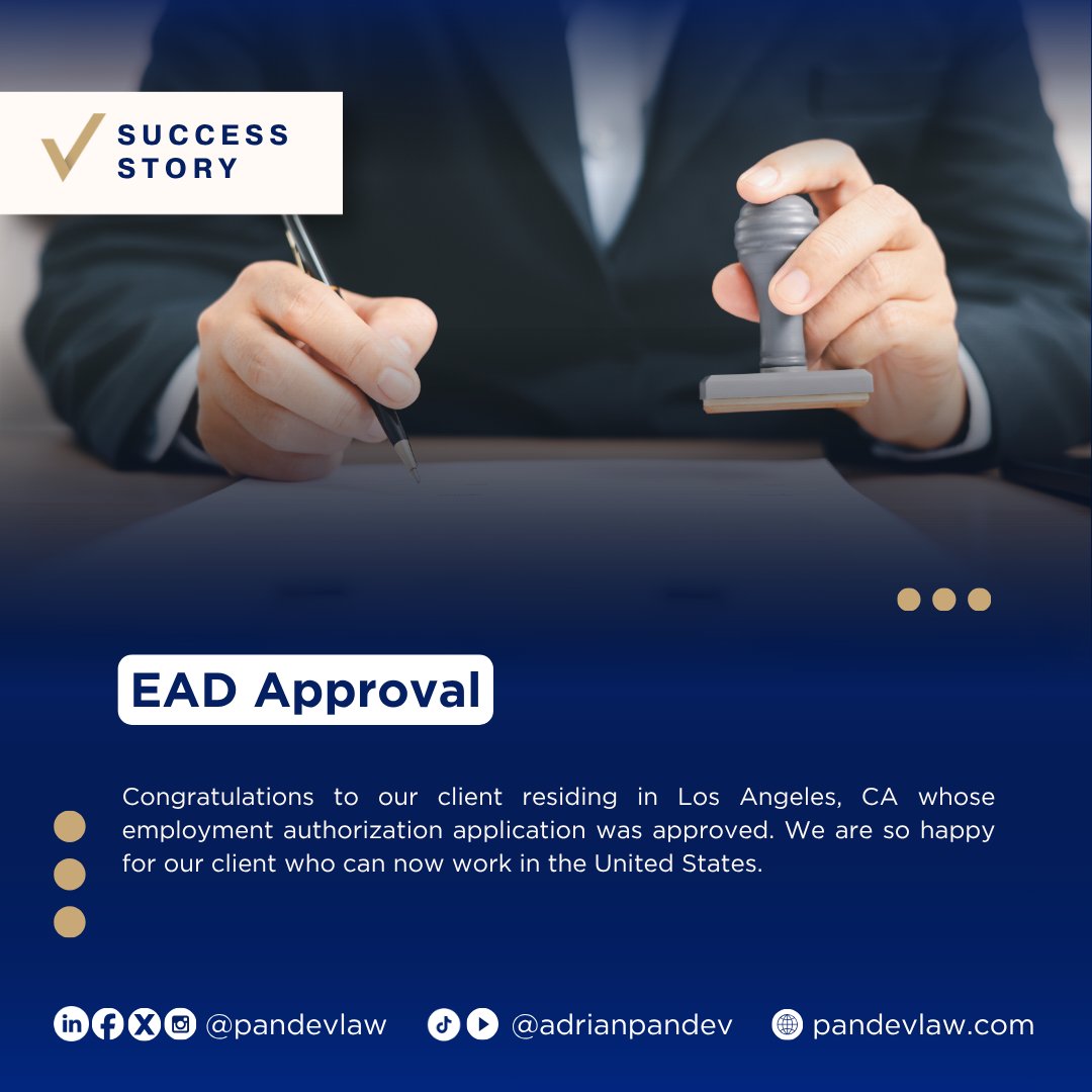 pandevlaw's tweet photo. Cleared to work in the U.S.! 🎉
Our client in Los Angeles, CA, just had her employment authorization approved.
A big step forward, and one worth celebrating.
Congratulations to our client!
#EAD #WorkAuthorization https://t.co/5lAozEZDTf
