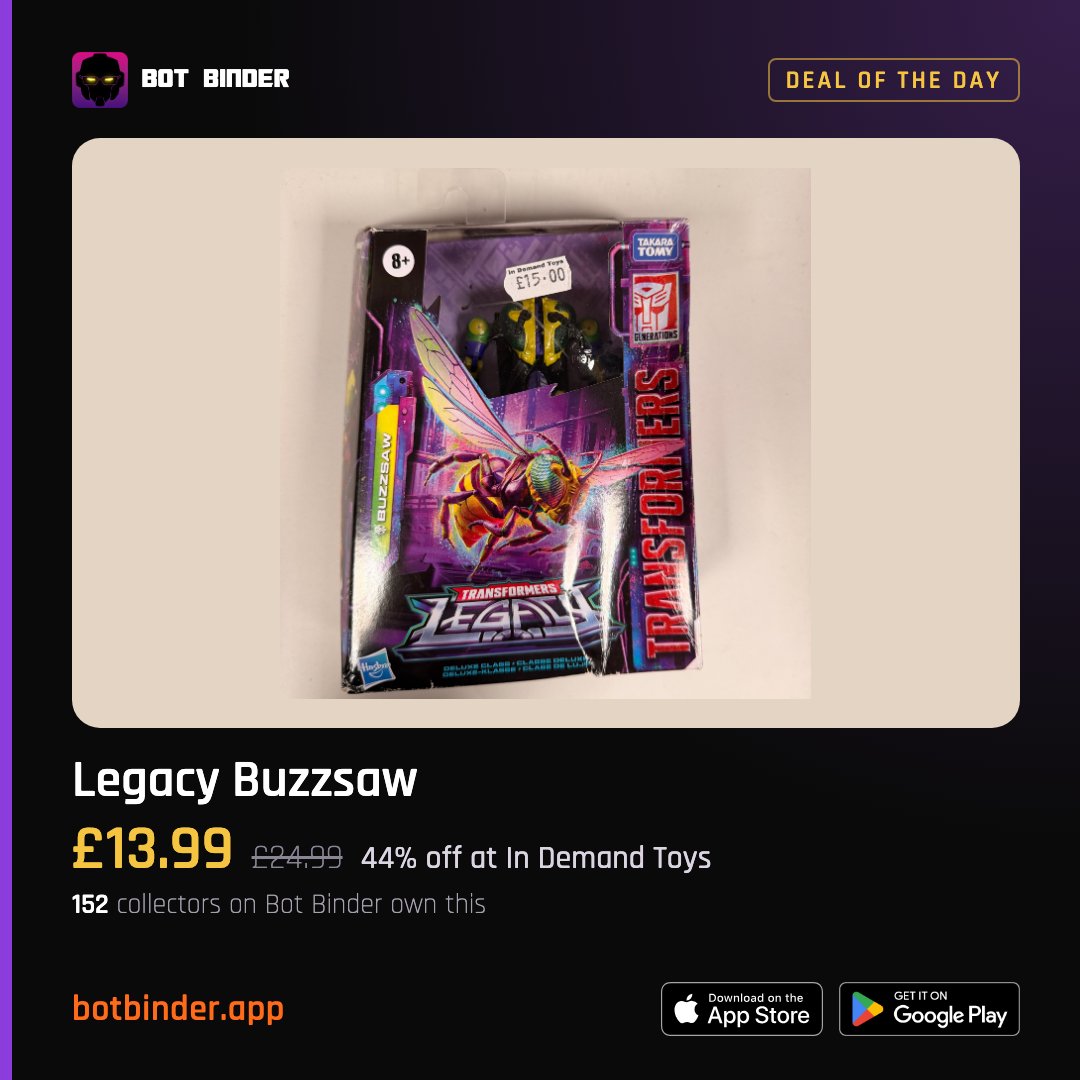 BotBinderApp's tweet photo. Legacy Buzzsaw is 44% off at In Demand Toys right now, £13.99 down from £24.99.

https://t.co/Fct70FO3on
#Transformers #Buzzsaw

Track deals like this. Join us on Bot Binder. https://t.co/EUxACav69p