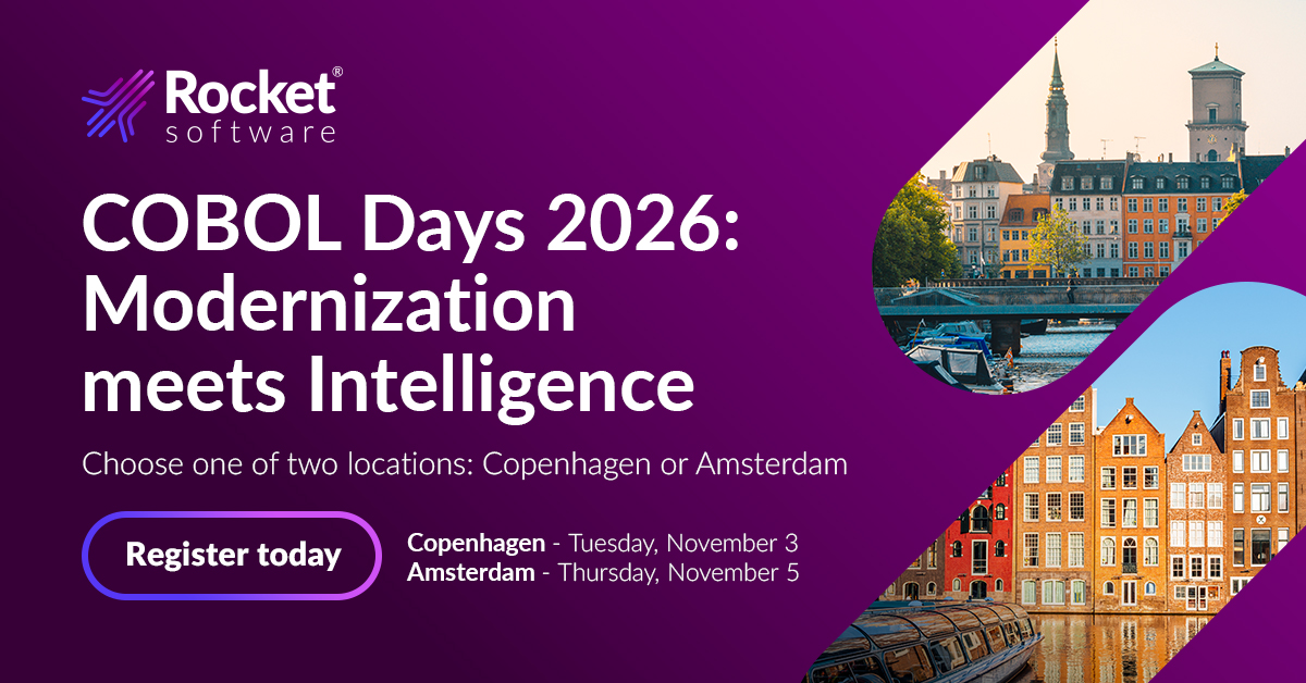 Rocket's tweet photo. Join us at Rocket Software COBOL Days 2026 in Amsterdam or Copenhagen! Explore COBOL modernization, AI-enabled development, and more. 

Register: https://t.co/PQWet4WLbY https://t.co/4ASeSStpwy