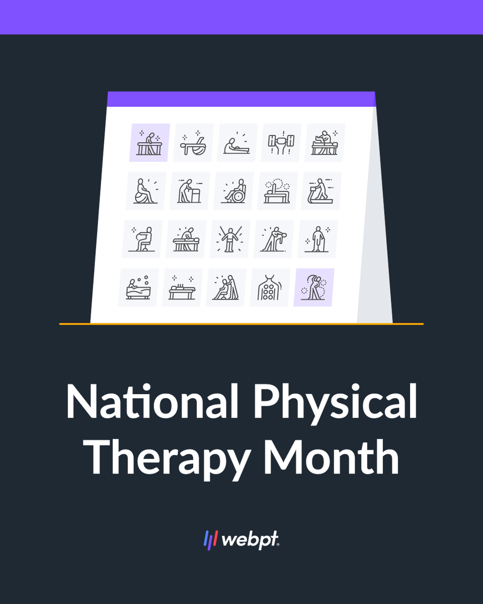 WebPT's tweet photo. Let's celebrate! 🎉 💪🦵 🏋️  October is National Physical Therapy  Month, and we're here to celebrate all the PTs out there making it happen every day. If you're looking to spread the good word about PT, check out the Choose PT page to see how you can get involved:
https://t.co/jns0lU8i0U

#ChoosePT #PTMonth #PhysicalTherapy #PTAwarenessMonth #PT