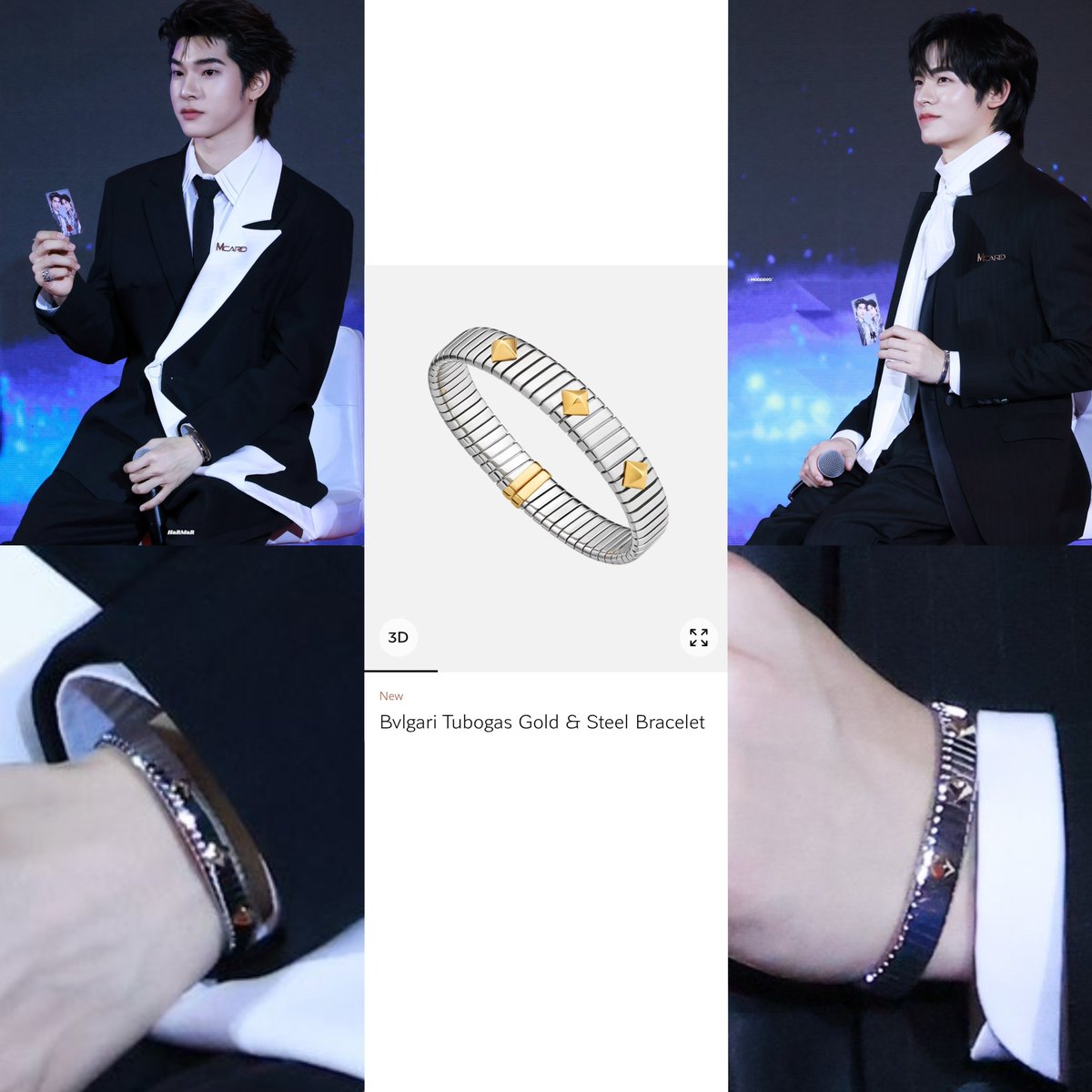 annyways__'s tweet photo. Today I noticed them wearing matching bracelets from this brand for the second time. The last time I noticed it was during the Mr. Fanboy Met Gala red carpet. Back then, I couldn’t figure out what brand it was, so I didn't want to get ahead of myself or overreact about whether they were actually matching/couple bracelets or where they brand came from. I was going crazy searching for photos and fancams that captured the bracelet clearly, but found nothing.

What made it even more suspicious was that Teetee kept covering, whenever it peeked out just a little bit, he would immediately adjust his sleeves to cover it up. Even when he changed into a short sleeved t-shirt for the screening time EP1, he took it off completely, whereas Pip kept wearing his. And the most suspicious part was during the Met Gala Pip kept looking at Teetee’s wrist, then back at his own, showing it off a few times. That’s what caught my attention, and it felt super suspicious to me.

Now, I can finally share which brand they were wearing: Bulgari Tubogas Gold & Steel Bracelet.

They really only seem to wear them on big, special occasions.

That’s all from me for now, because my mind is finally at ease after seeing those matching bracelets so clearly!🙏🏻✨️