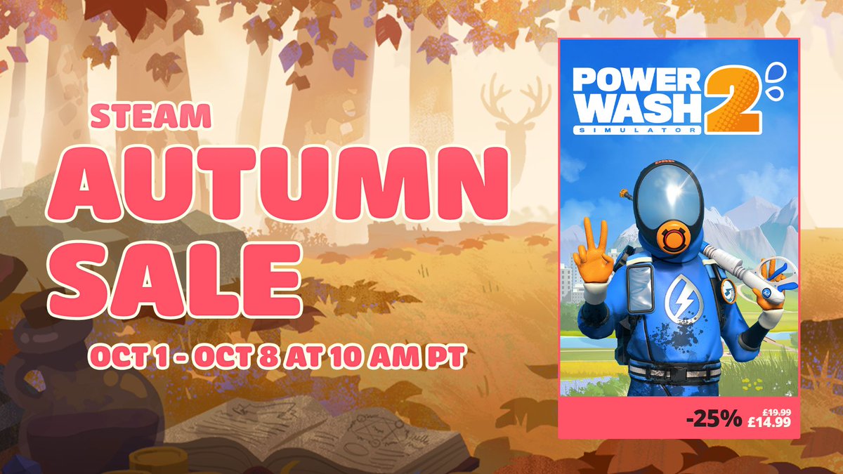 PowerWashSim's tweet photo. The 2026 Steam Autumn Sale is here!🍂

Cosy up this season with 25% off PowerWash Simulator 2💦

Washers can also get 15% off the Adventure Time and STAR WARS Packs🍭✨ https://t.co/M7PiXsvl0v