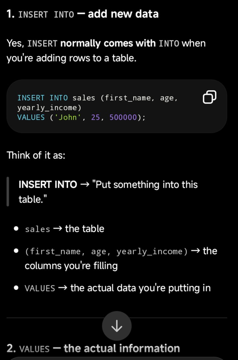 ud_shalom's tweet photo. Day 2/30 💻
Today I learnt "INSERT INTO", "VALUES", "WHERE", "UPDATE", "SET", "DELETE" & "BETWEEN".
Learning with AI, my tutor’s videos @ezekiel_aleke & W3Schools. 📊
#30DaysOfSQL #SQL #DataAnalytics https://t.co/xIpkwJ2kJ8