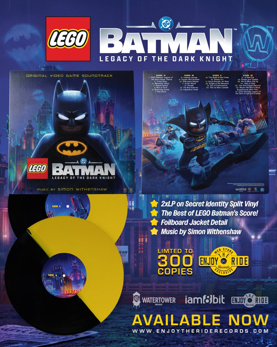 EnjoytherideRES's tweet photo. The Dark Knight has arrived! 🦇 Now Available at https://t.co/Lo2aPSYUS9: LEGO Batman: Legacy of the Dark Knight 2xLP (ETR Exclusive Color Variant).

Limited to 300 copies on Secret Identity Split, don't miss the chance to add this one to your Bat Cave! 

#LEGO #Batman #VGM https://t.co/1SQSAqniz6