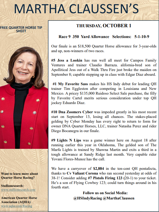 HSIndyTammy's tweet photo. Today's tipsheets from @HSIndyRacing featuring @RacingRachelM and QH Analyst @MarthaClaussen First Post at 2:10PM ET.  #racelikeacaesar  @TOBAIndiana @qhrai23 @INThoroughbred @IndianaHBPA @IndyTBAlliance @INQuarterHorse https://t.co/OR7QB5bfHz